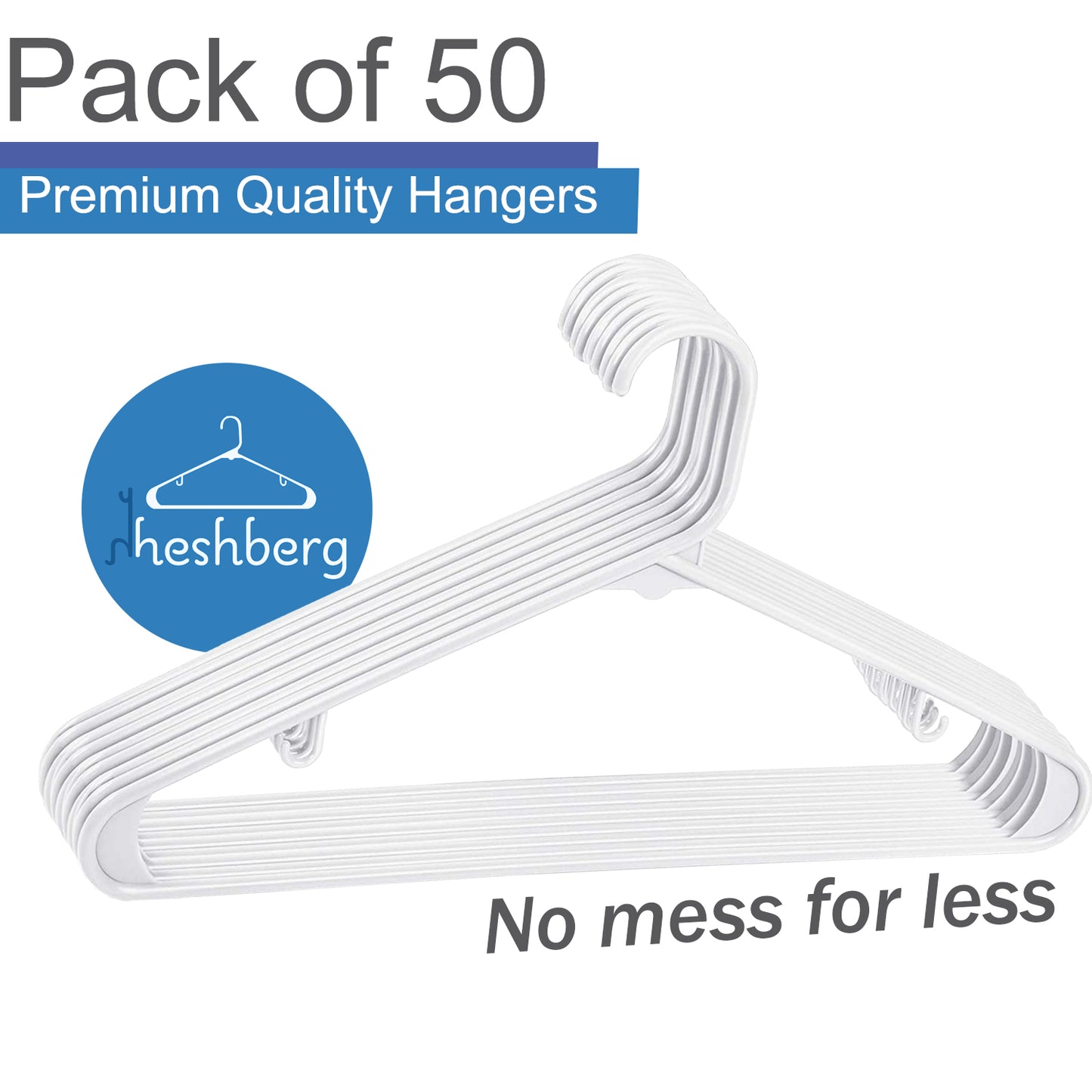 Heshberg Plastic Hangers with Hooks Standard Size  50 Pack, White