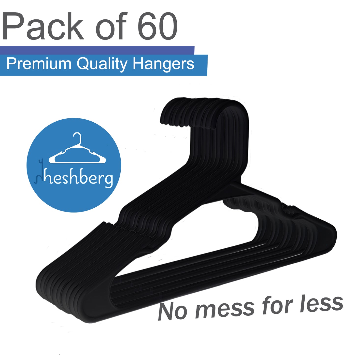 Heshberg Kids Plastic Hangers with Notched Small 60 Pack, Black
