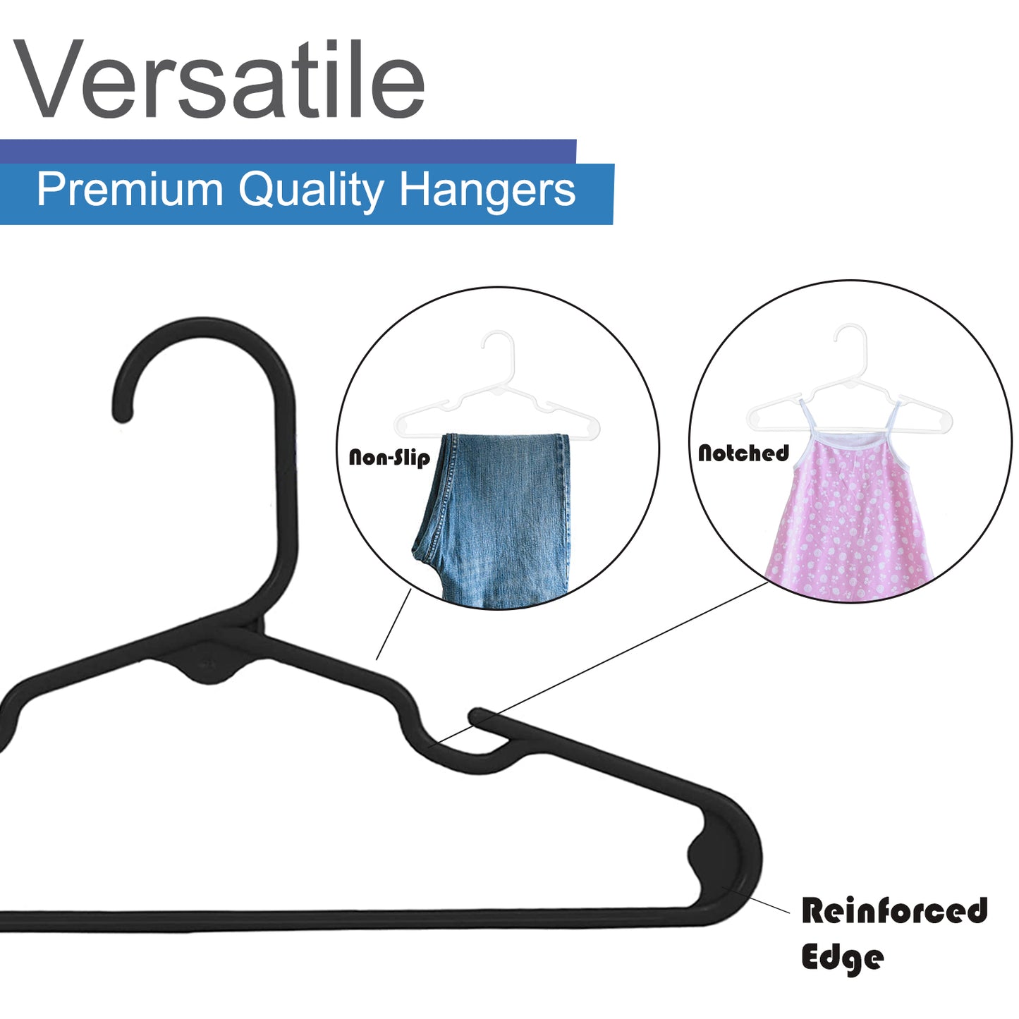 Heshberg Kids Plastic Hangers with Notched Small 60 Pack, Black
