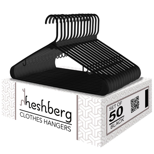 Heshberg Plastic Hangers with Hooks Standard Size 50 Pack, Black