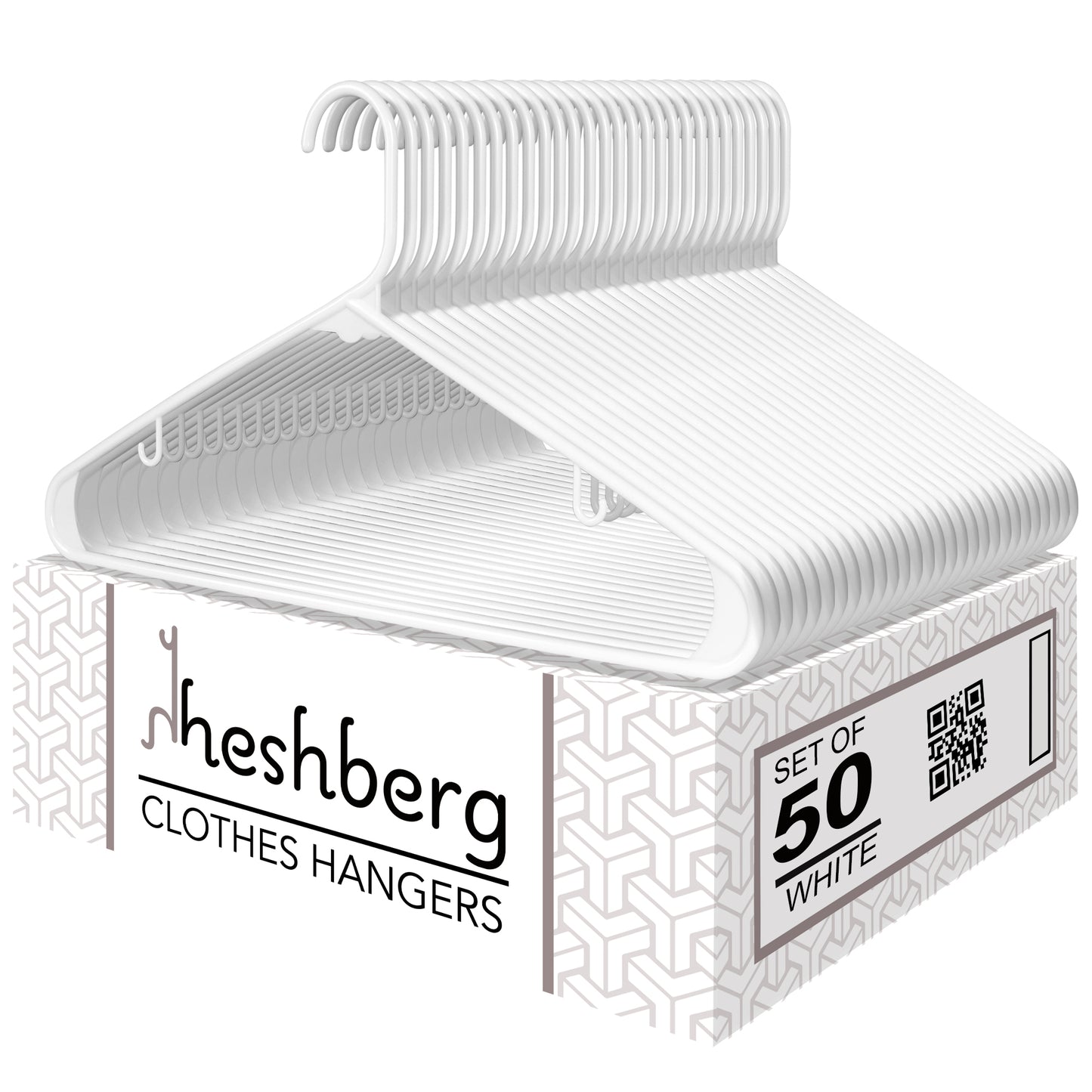 Heshberg Plastic Hangers with Hooks Standard Size  50 Pack, White