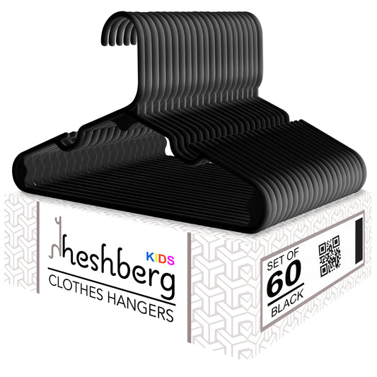 Heshberg Kids Plastic Hangers with Notched Small 60 Pack, Black