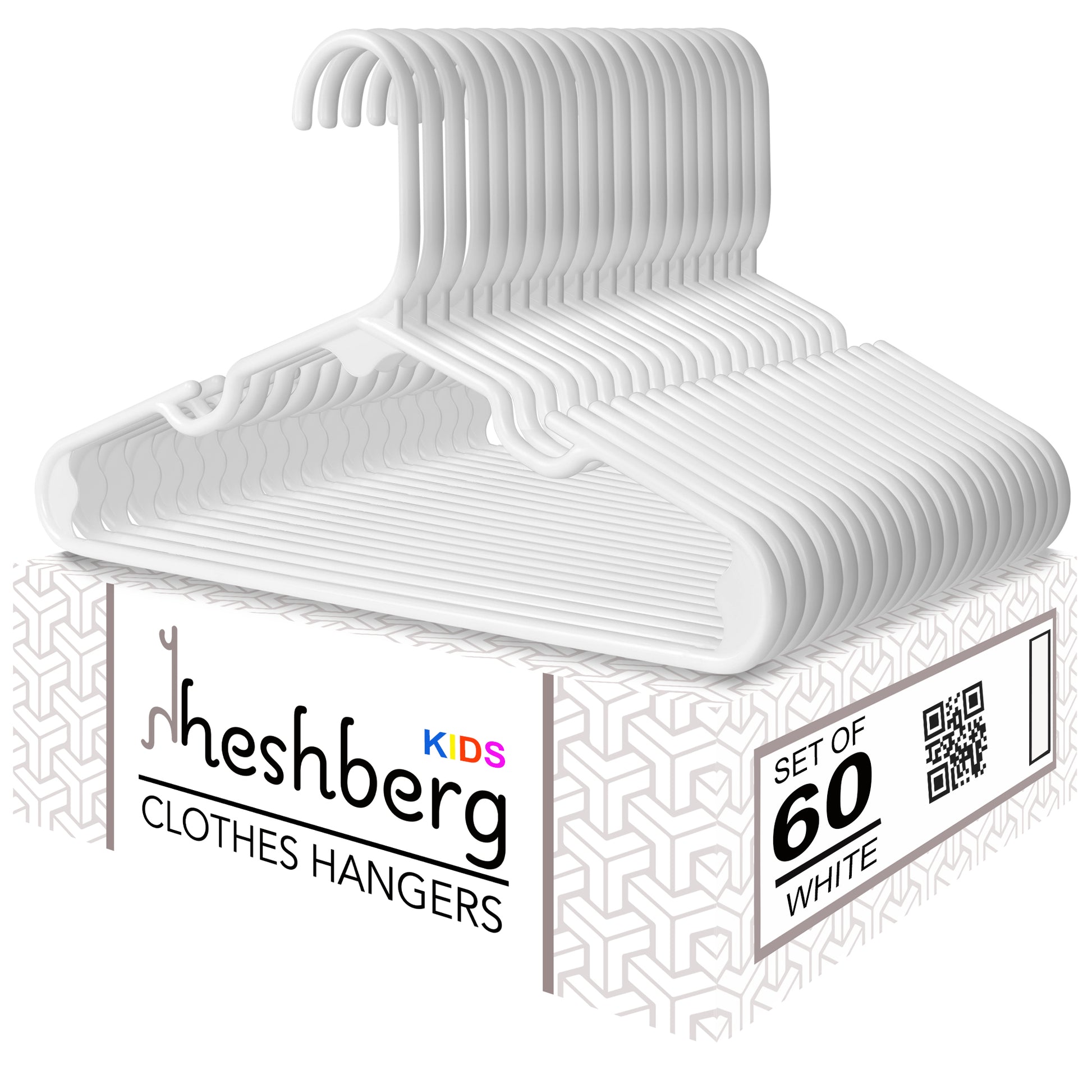 Heshberg Baby and Kids Hangers - Small Plastic Closet Clothes Hangers for Babies Infant Toddler Children - 60 Pack (White)