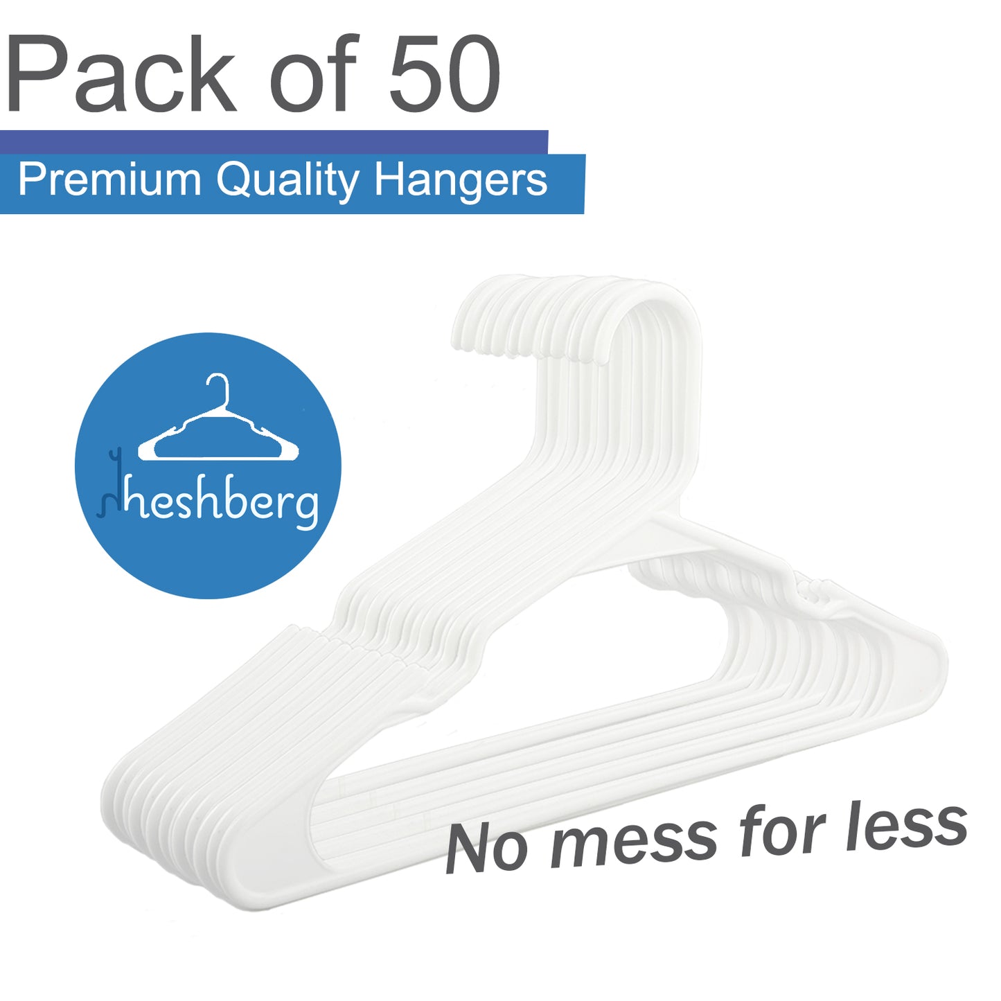 Heshberg Plastic Hangers with Notched Standard Size 50 Pack, White